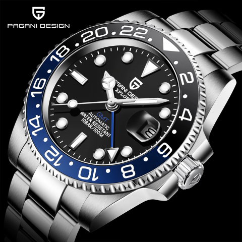 Pagani Design PD-1662 Men's Luminous GMT Mechanical Watch Luxury Daydate Stainless Steel Waterproof Automatic Wristwatch BLACK/BLUE